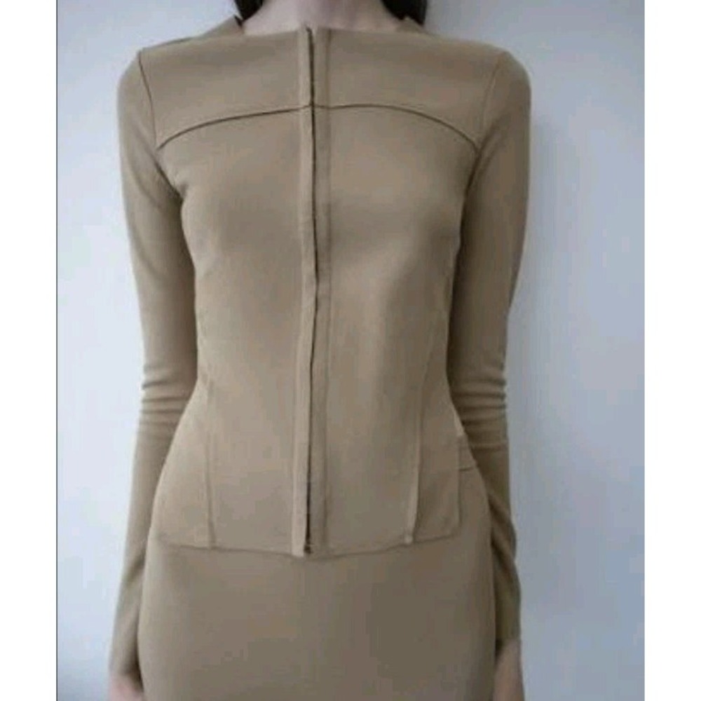 Zara Corseted Long Sleeve Top Tan Size S NWOT